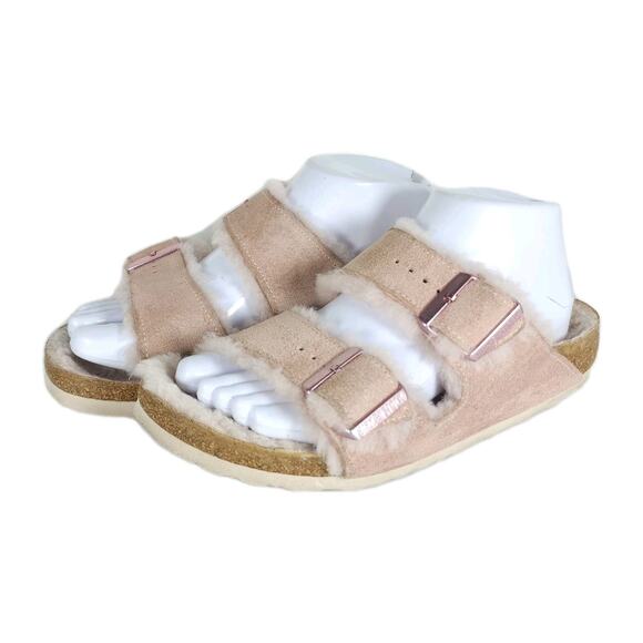 BIRKENSTOCK Women's Arizona EU38 US7 Narrow Pink Suede Shearling Slide Sandals - Picture 1 of 16